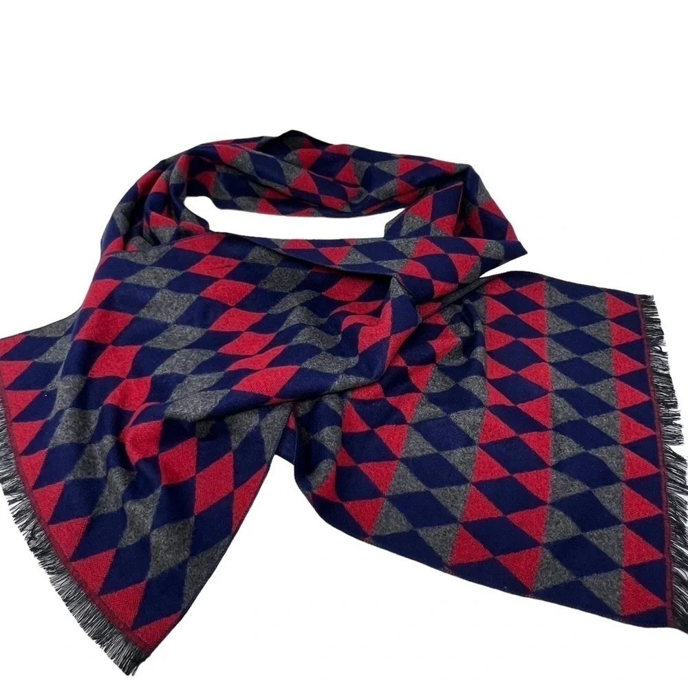 Men’s Red Blue Gray Diamond Print Cashmere Rectangle Long Scarf